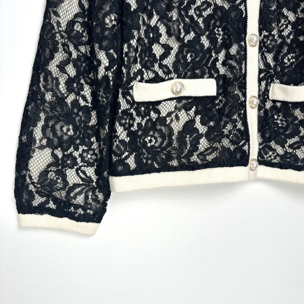 NWT Talbots Floral Lace Cardigan Ivory Black S - Picture 5 of 11